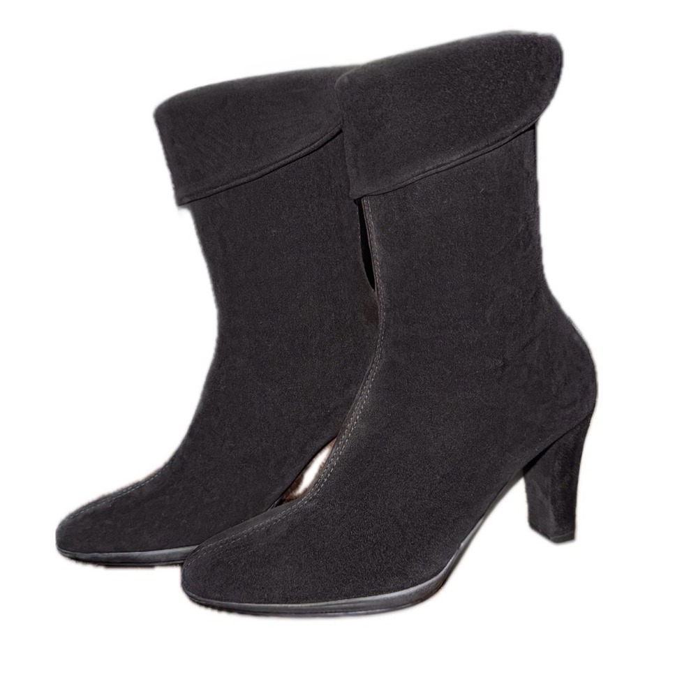 AQUATALIA Black Nubuck Leather Foldover Cuff Heeled Boots 3.5" Heels | US Sz 8